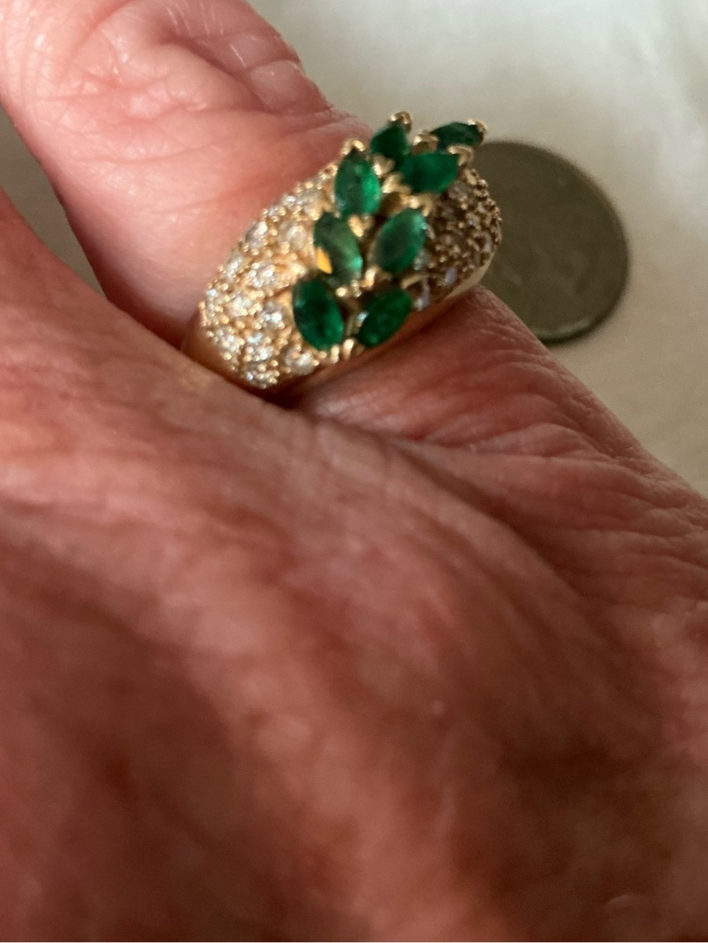 GORGEOUS!!   14kt yellow gold emerald and diamond ring (135-12)